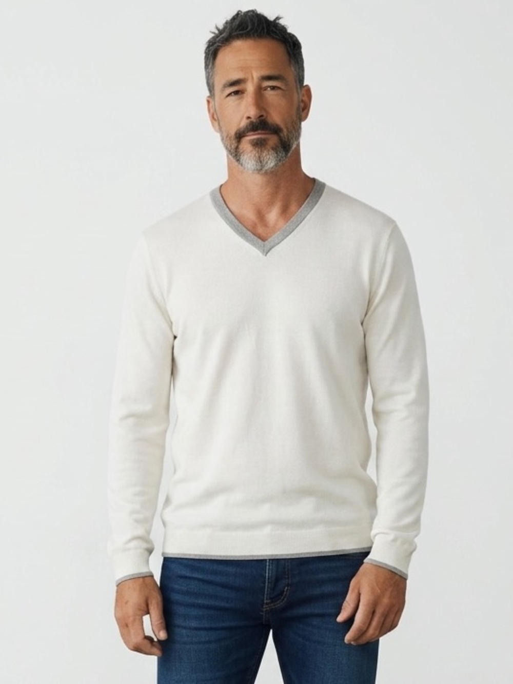 Zara Men's White V-Neck Sweater with Gray Trim Size L